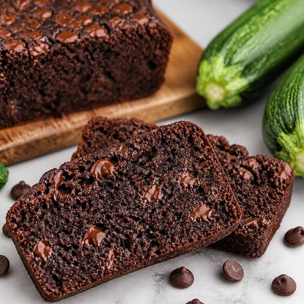 Moist and rich chocolate zucchini bread with chocolate chips and grated zucchini