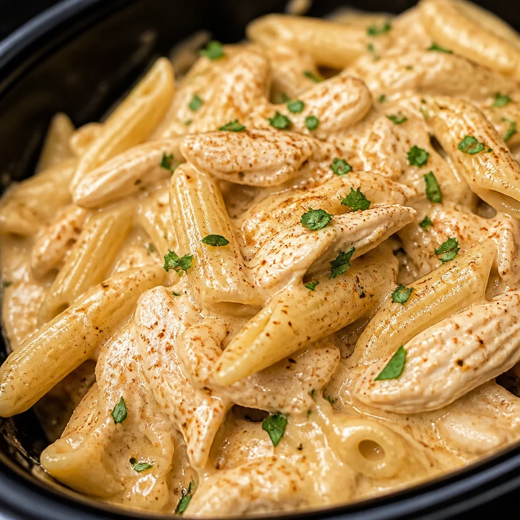 Crock Pot Creamy Cajun Chicken Pasta with chicken and bell peppers served in creamy sauce.