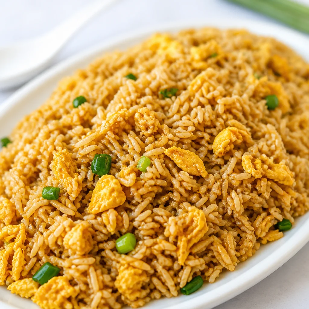 Delicious plate of homemade Egg Fried Rice with colorful vegetables.