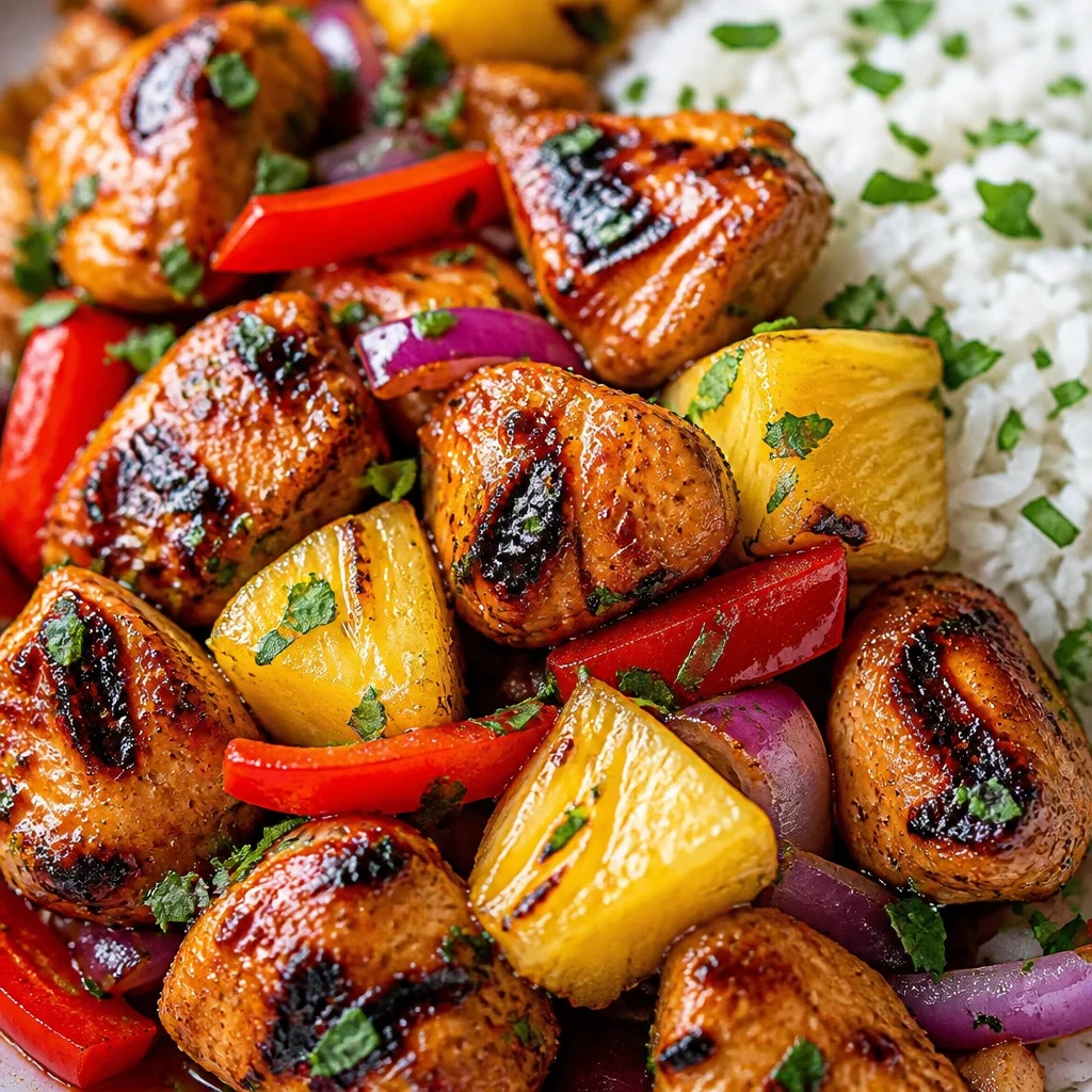 Sheet Pan Hawaiian Chicken with bell peppers and pineapple, baked to perfection.