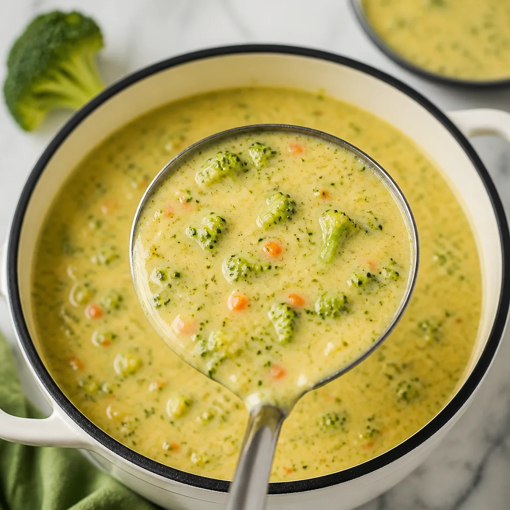 Delicious creamy broccoli cheddar soup garnished with fresh herbs.
