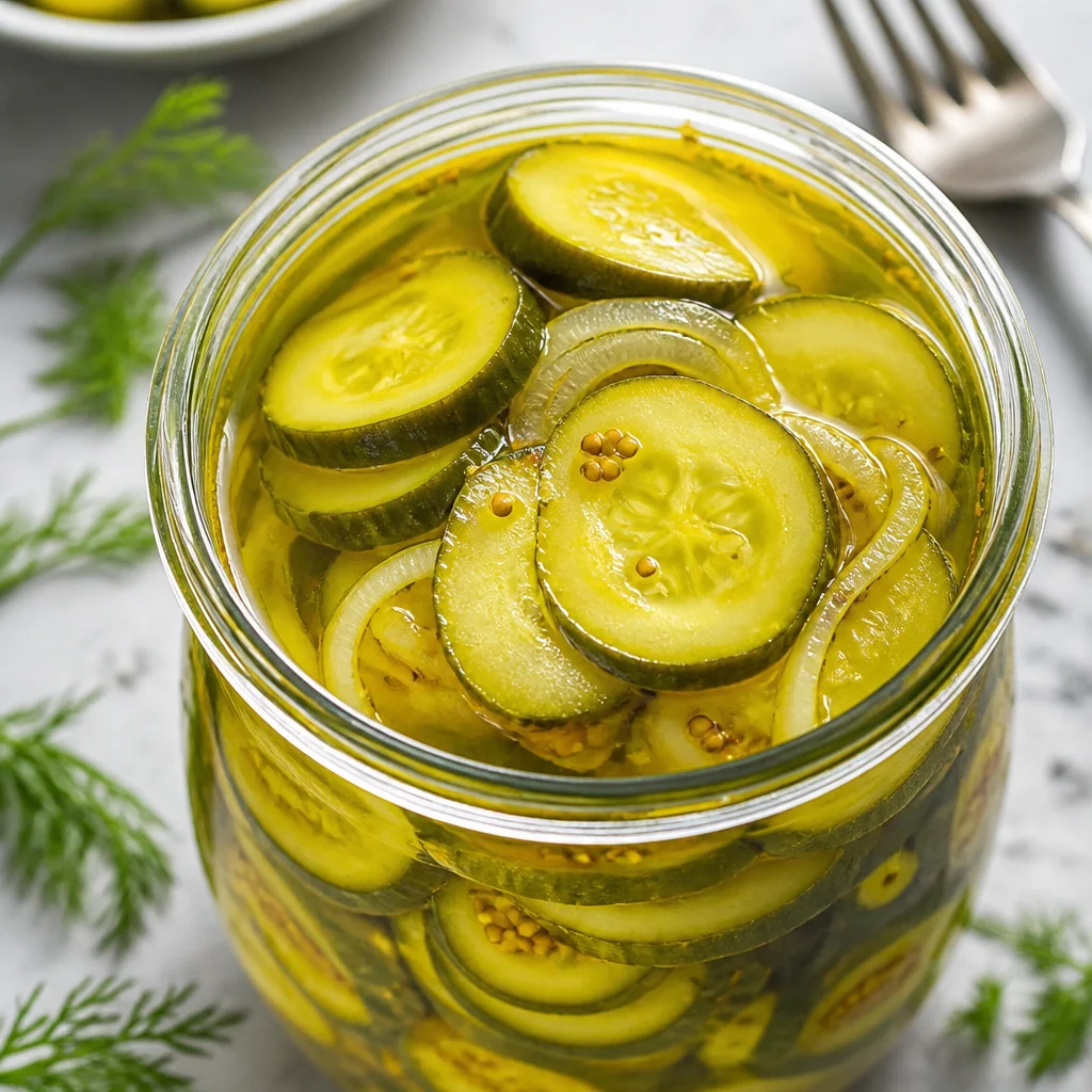 Homemade Bread and Butter Pickles with fresh cucumbers and spices.