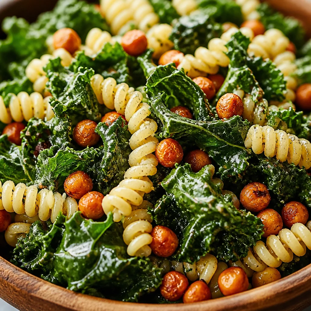 Delicious Kale Caesar Pasta Salad with pasta, kale, roasted chickpeas, and creamy dressing.