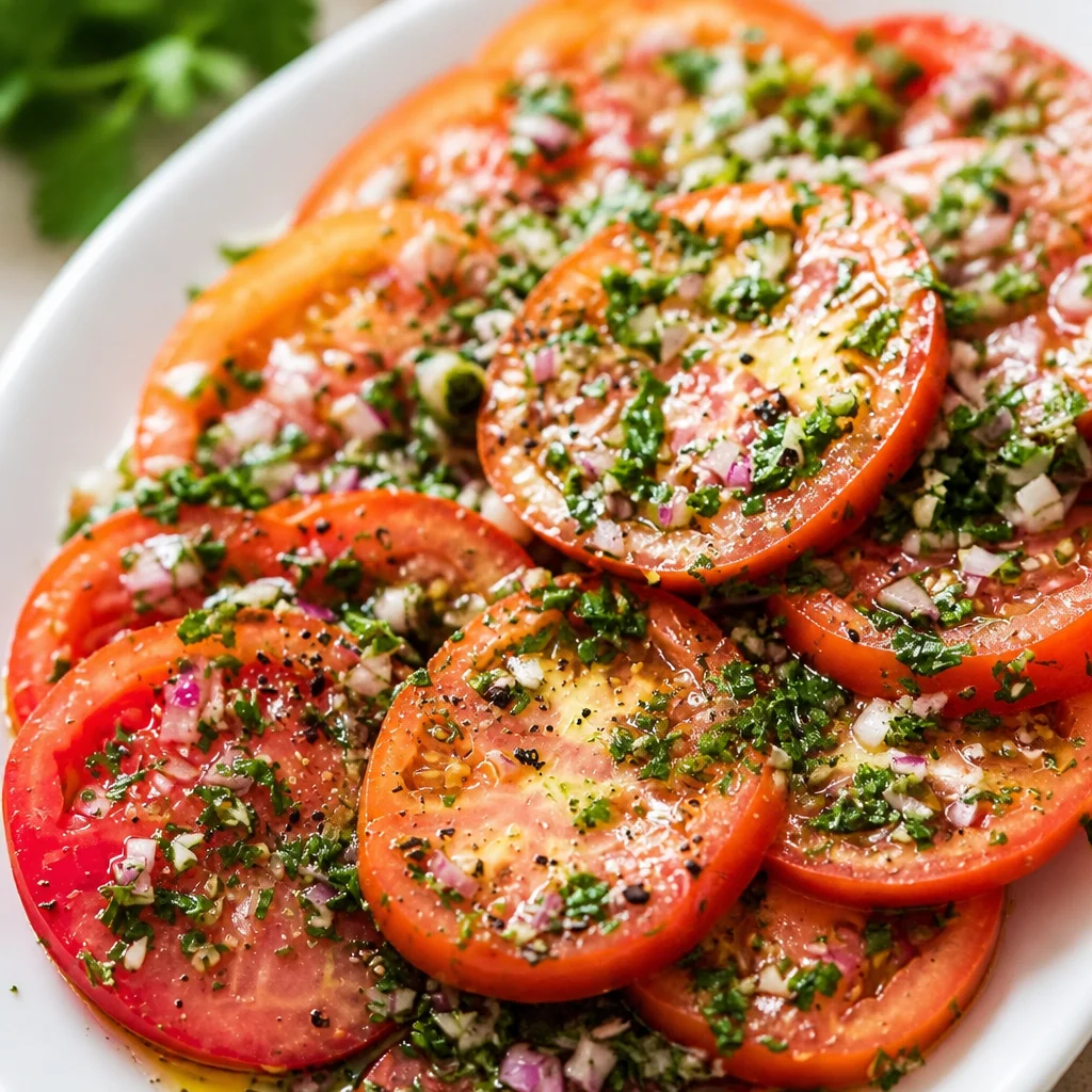 Delicious Marinated Tomato Salad with fresh herbs and garlic for a summer side dish.