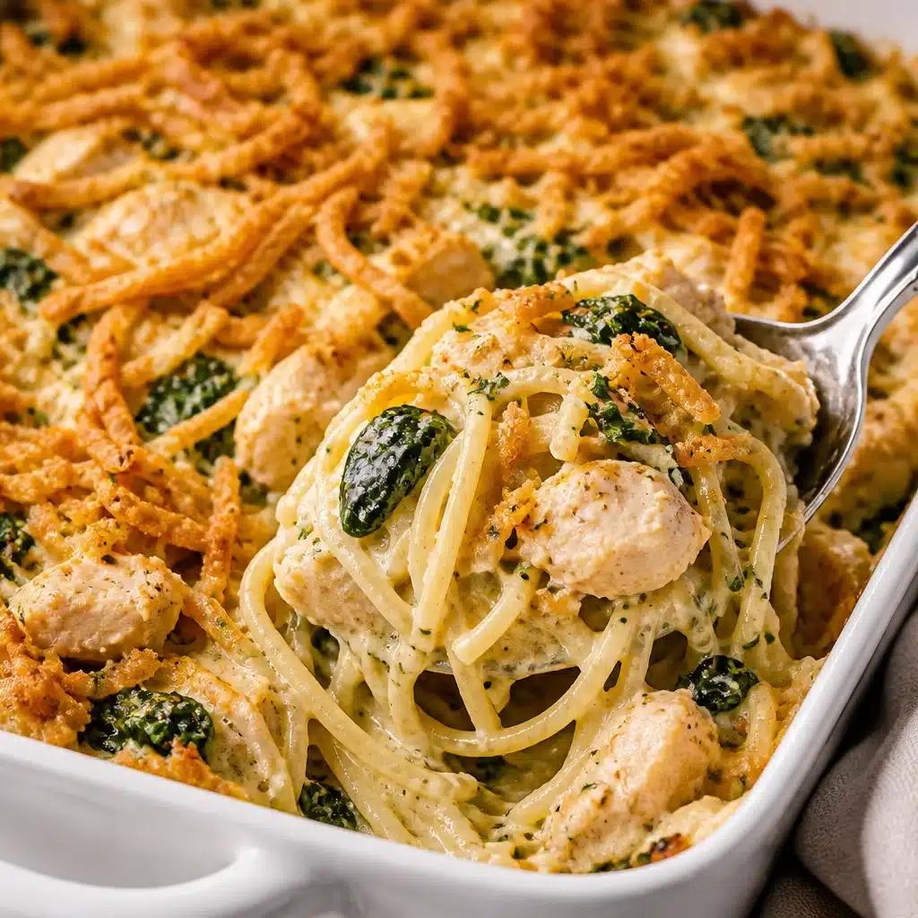 Delicious Monterey Chicken Spaghetti loaded with chicken, cheese, and spinach.