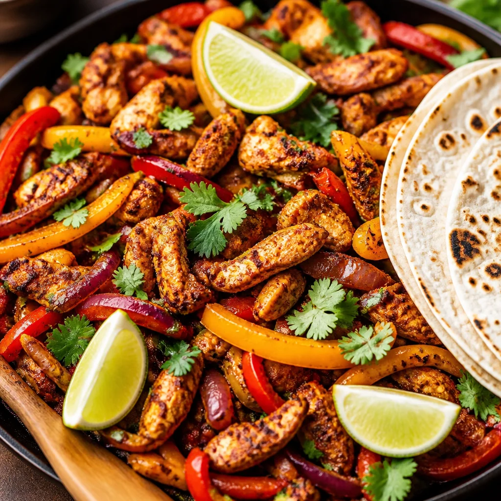 Delicious Sheet Pan Chicken Fajitas with chicken, peppers, and onions on a baking sheet.