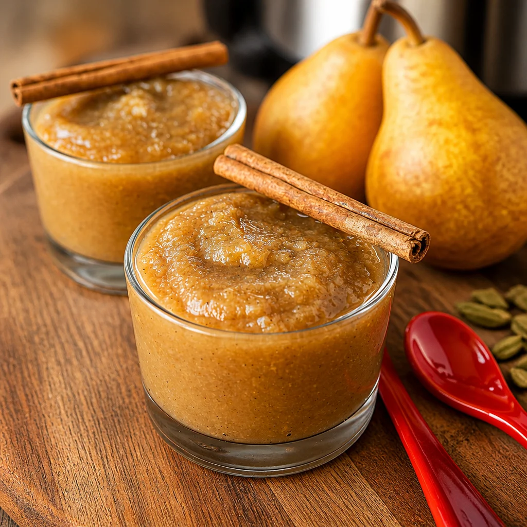 Homemade Slow Cooker Pear Applesauce with fresh pears and spices in a crockpot.