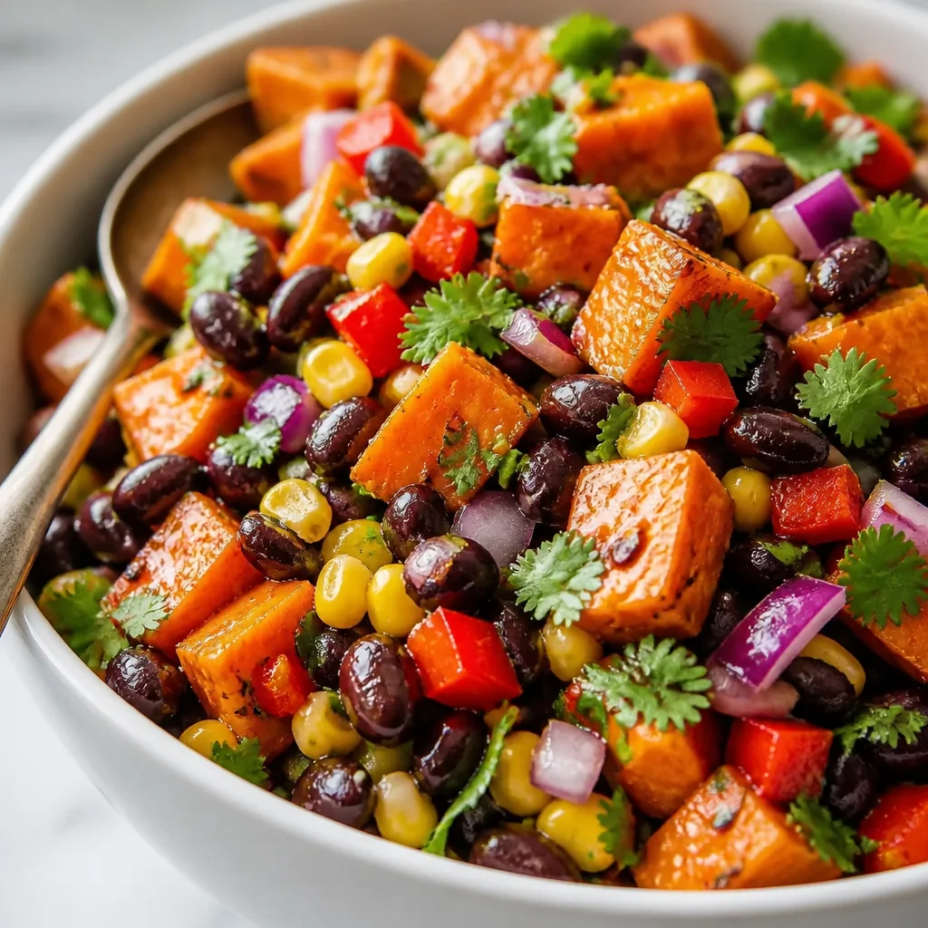 Colorful Sweet Potato Black Bean Salad with fresh cilantro and zesty lime dressing.