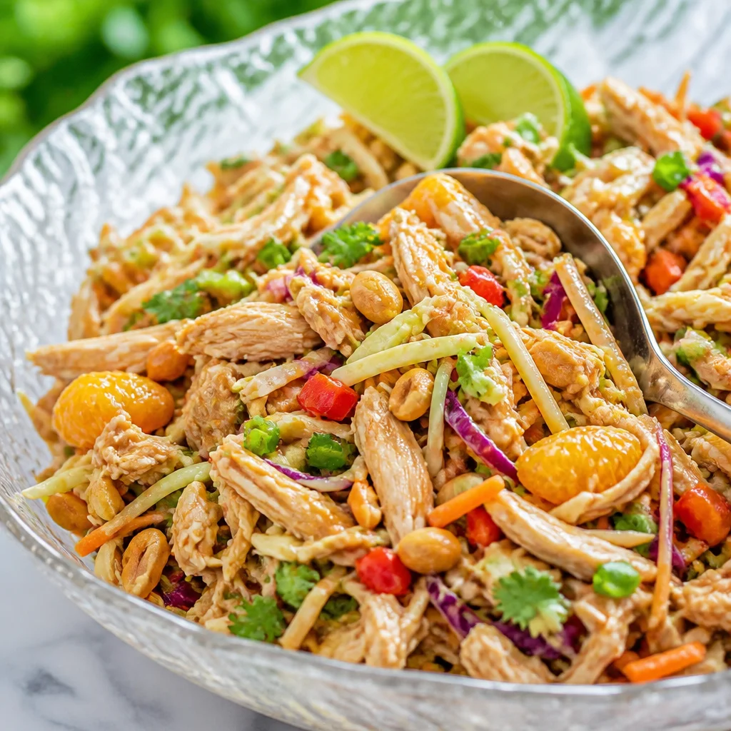 Thai Chicken Salad with crunchy vegetables and peanut dressing garnished with cilantro.