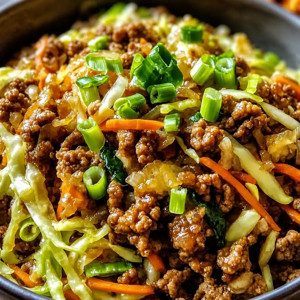 A bowl of healthy egg roll soup featuring shredded cabbage and hearty meat fillings.