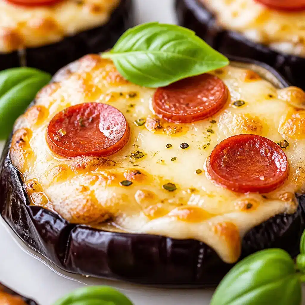Delicious low carb eggplant pizza with roasted eggplant slices and fresh toppings.