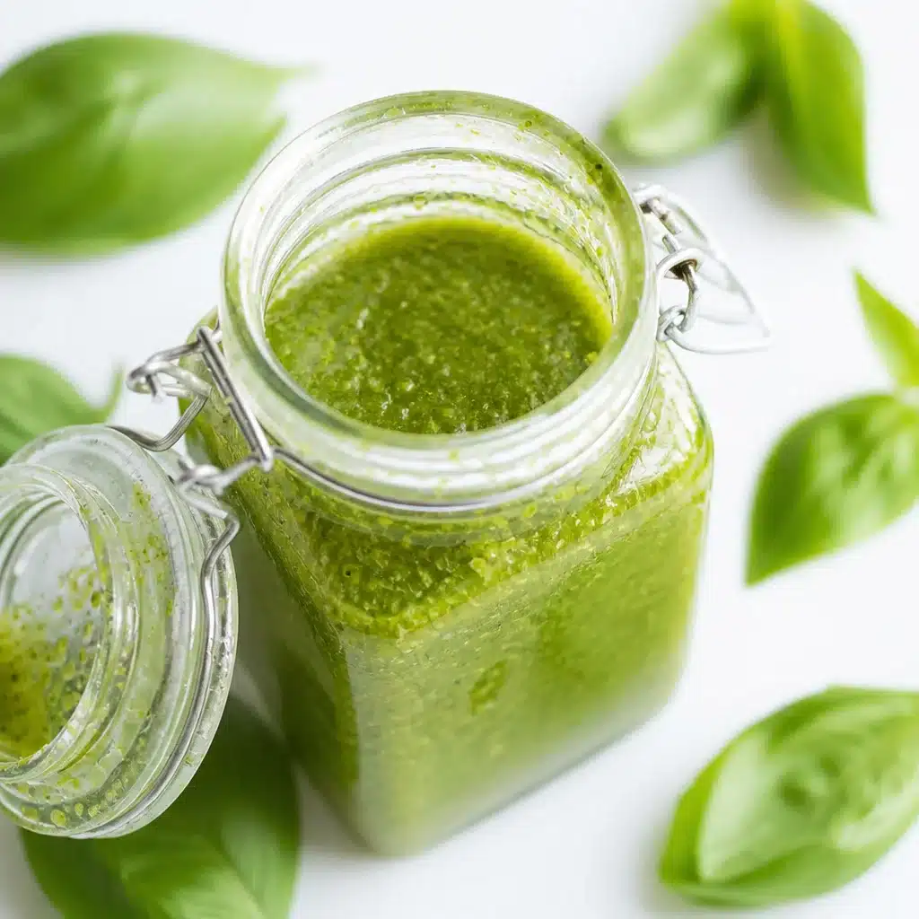 Fresh Basil Vinaigrette dressing with olive oil, garlic, and vinegar for salads.