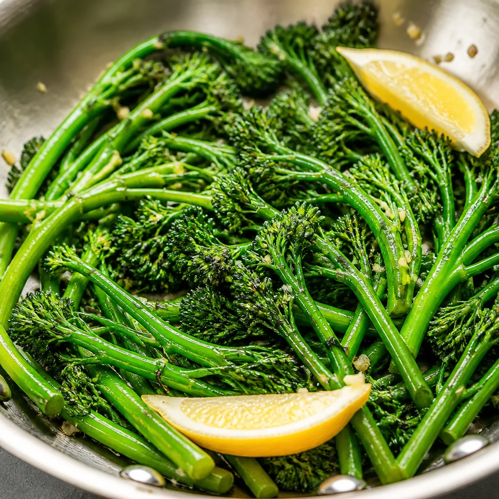 Sautéed Butter Broccolini with garlic and lemon zest in a skillet.