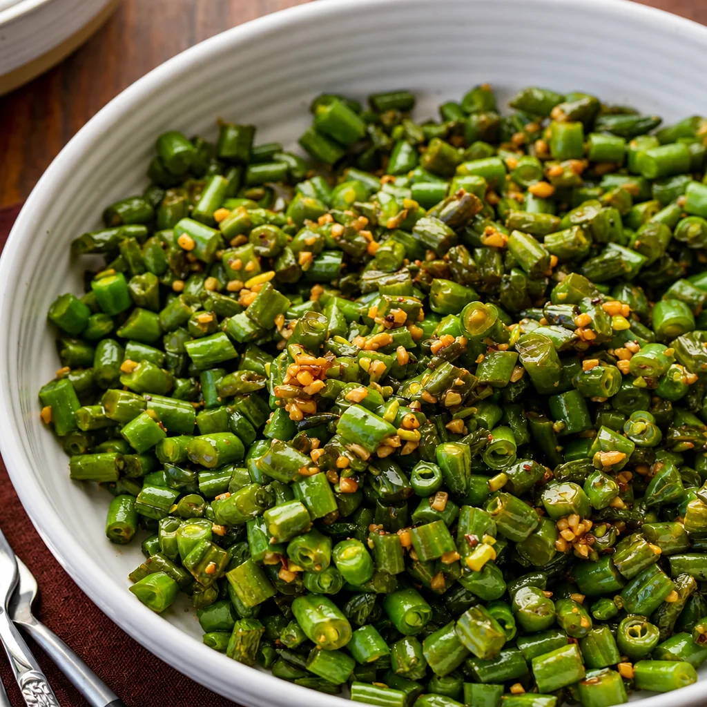 Spicy Chili Green Beans sautéed with garlic in a vibrant sauce.