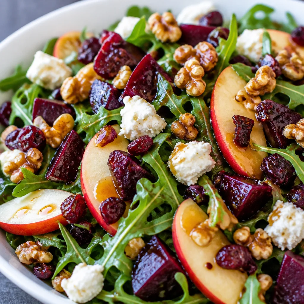 Vibrant Beet and Goat Cheese Arugula Salad with walnuts and balsamic dressing.