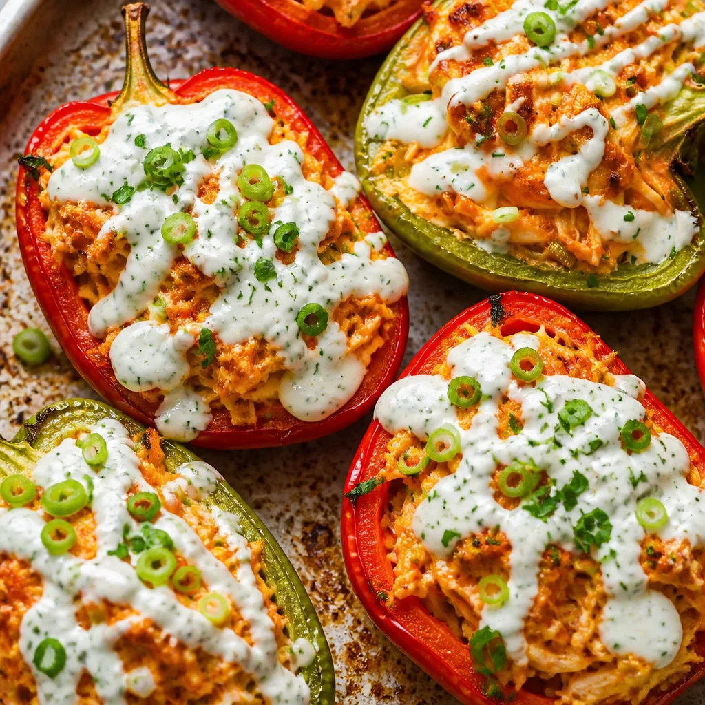 Healthy Buffalo Chicken Stuffed Peppers topped with cheese and spicy sauce.