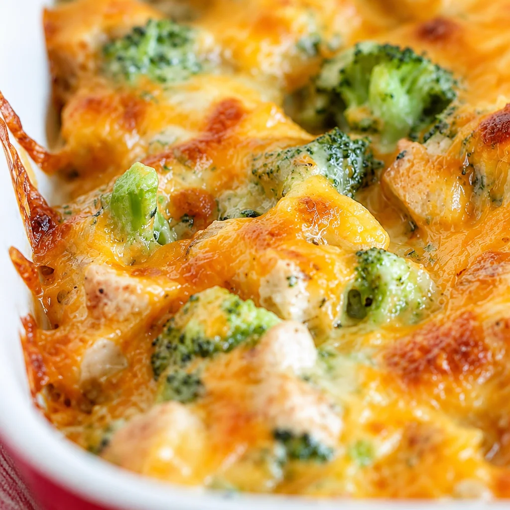 Delicious Chicken Broccoli Bake casserole topped with cheese and served in a baking dish.