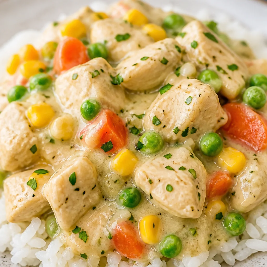 Healthy and comforting Crustless Chicken Pot Pie with veggies and chicken in a creamy sauce.