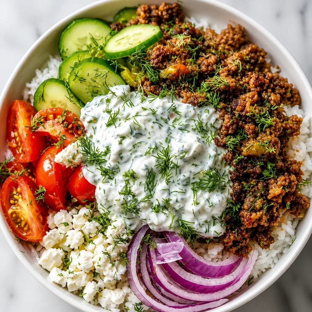Delicious Greek Ground Beef Bowl with fresh vegetables and feta cheese.