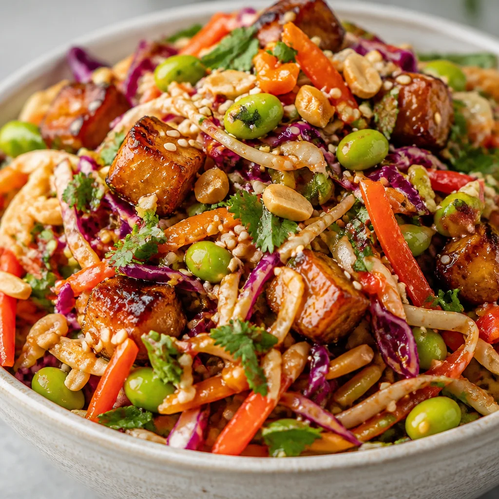 Thai Peanut Chicken Crunch Salad with colorful veggies and crispy chicken in a delicious dressing.