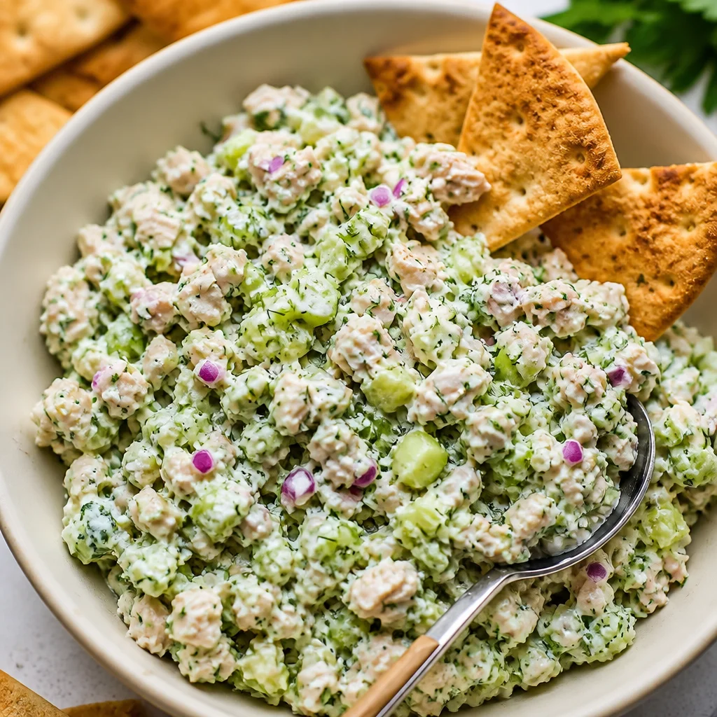 Tzatziki chicken salad with cucumbers, tomatoes, and creamy sauce in a bowl.