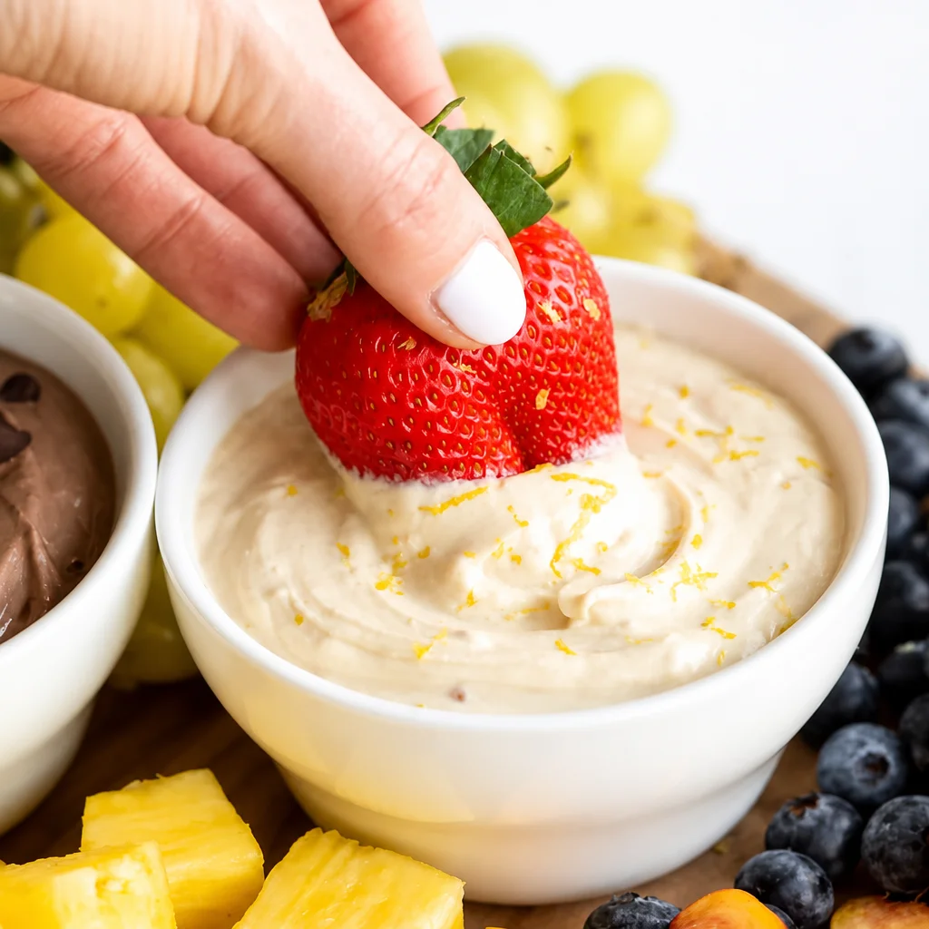 Creamy and delicious fruit dip served with assorted fresh fruits for a party.