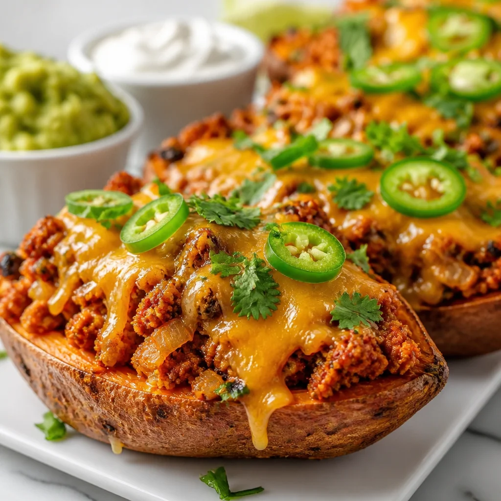 Hearty Sweet Potato Boats topped with cheese, beans, and fresh cilantro.