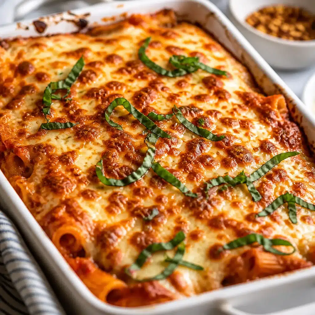 Classic Baked Ziti with layers of mozzarella, marinara, and ricotta cheese