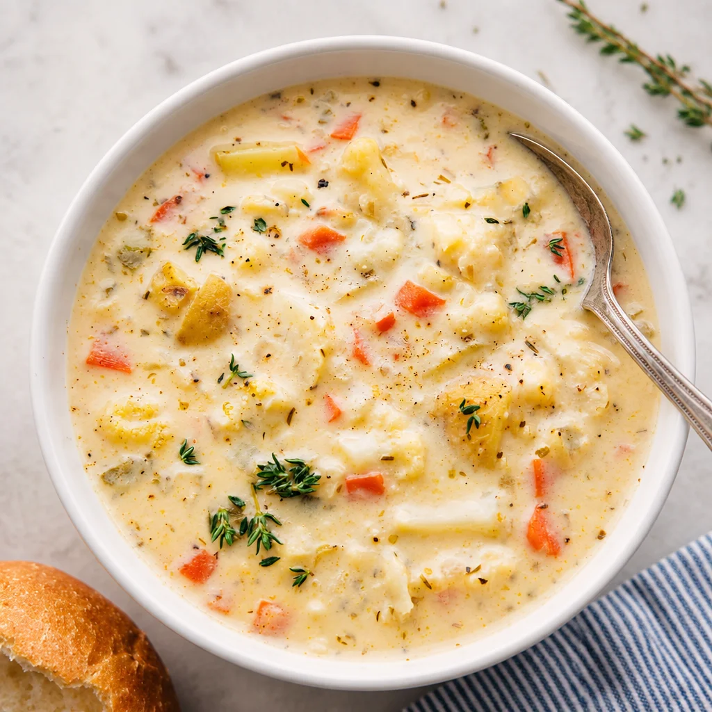 Creamy cauliflower soup topped with fresh herbs and spices, ideal for comfort food lovers.