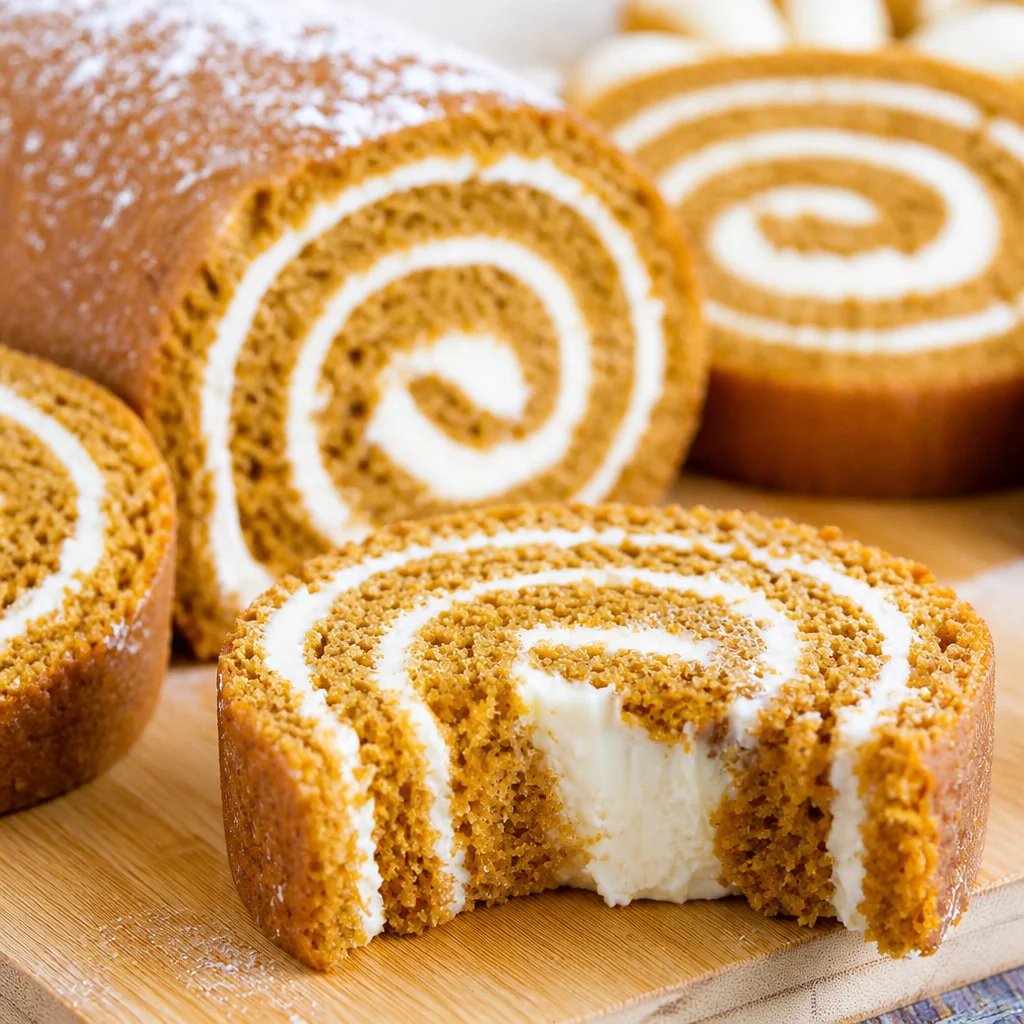 Delicious Pumpkin Roll filled with smooth cream cheese frosting