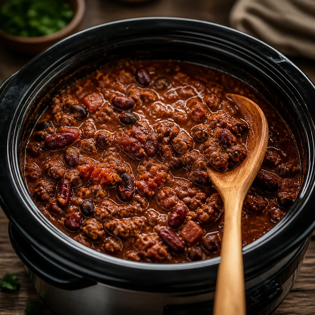 Bowl of hearty slow cooker chili with ground beef, beans, and fresh toppings.