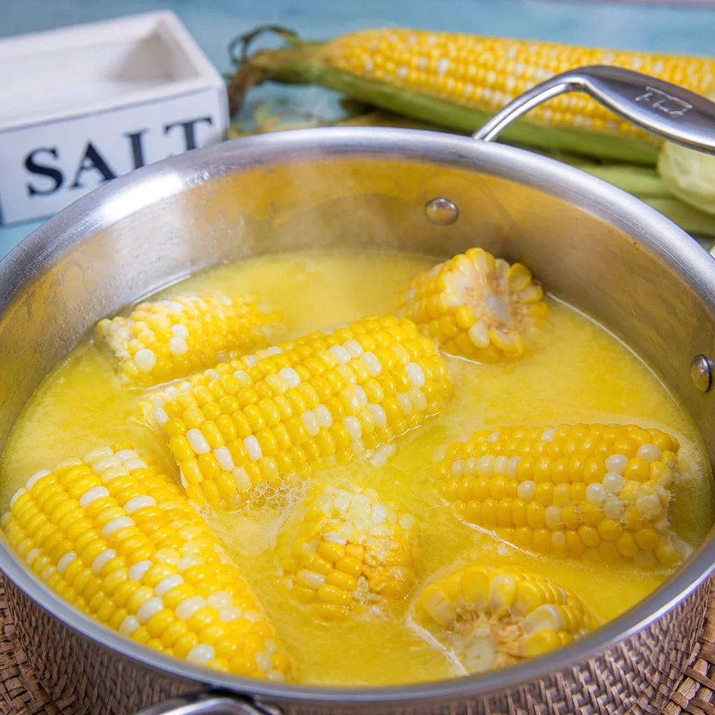 Boiled corn on the cob with butter and lime garnishment.