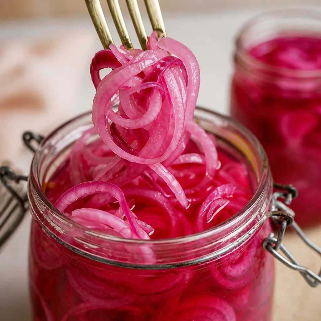 Quick and easy pickled red onions in a jar, showcasing vibrant color and texture.