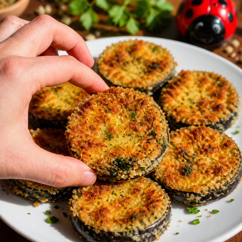 Deliciously baked breaded eggplant slices served with marinara sauce.