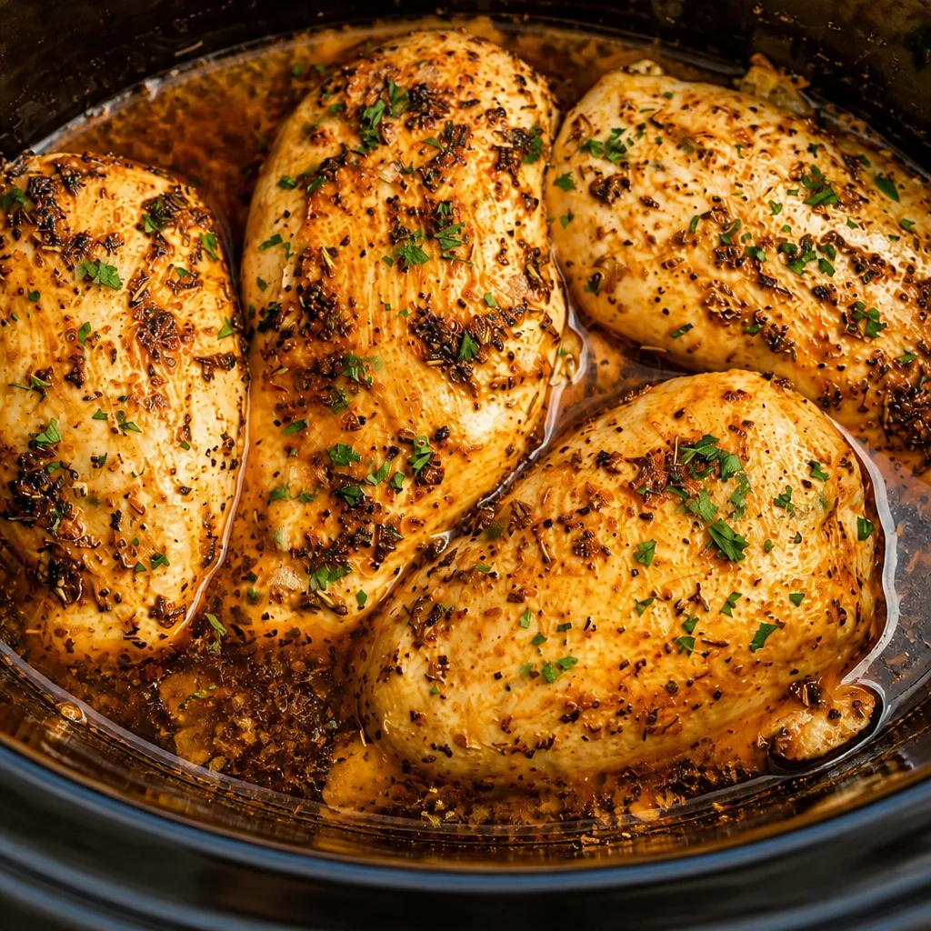 Juicy Slow Cooker Chicken Breast cooked to perfection with garlic butter and spices.