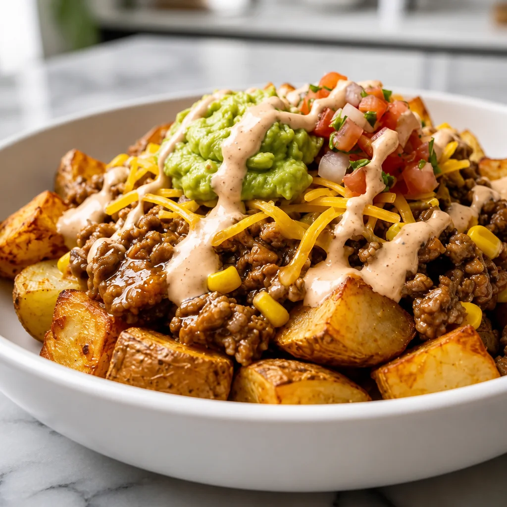 Loaded Potato Taco Bowl with roasted potatoes, spiced beef, guacamole, and salsa.