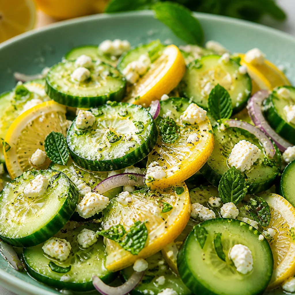 Refreshing Lemon Cucumber Salad with creamy dressing and fresh herbs.