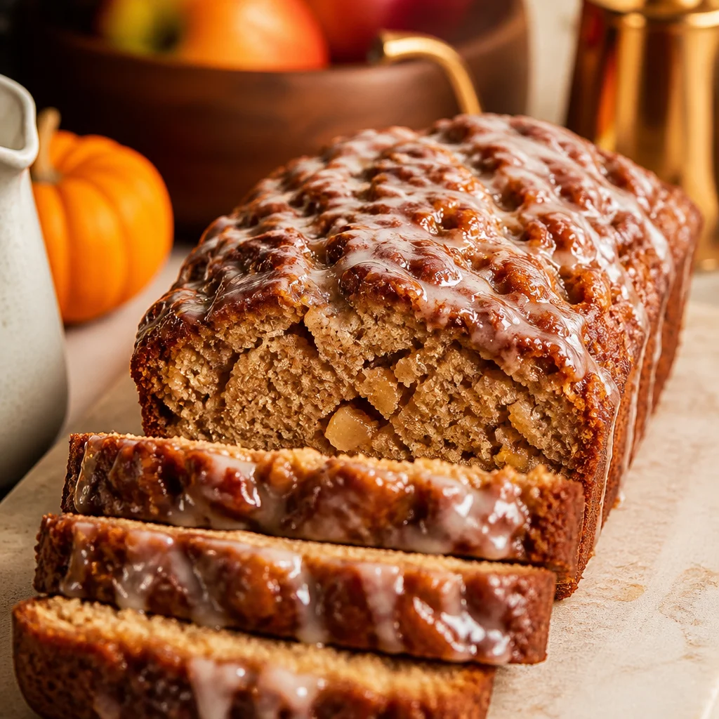 Delicious Amish Apple Fritter Bread with cinnamon swirl and glaze on top.