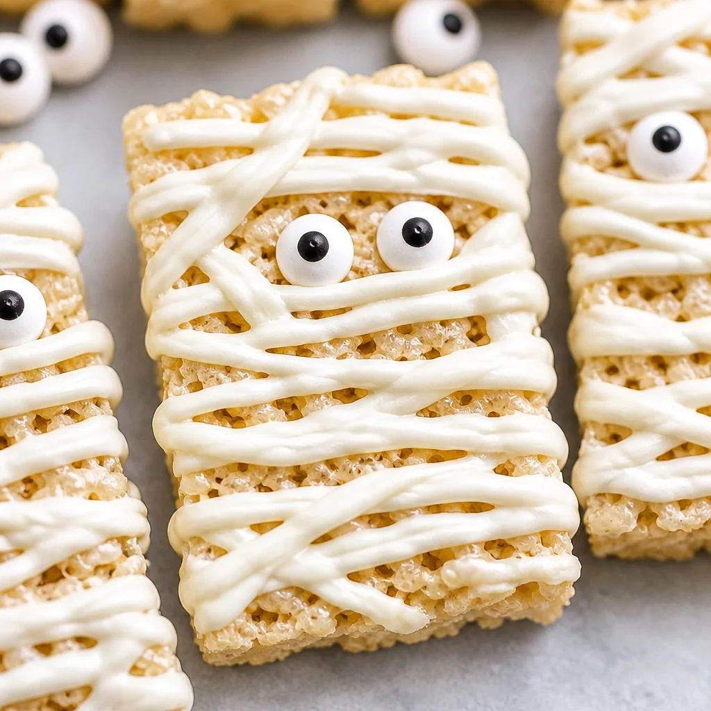 Easy Mummy Rice Krispie Treats decorated with white chocolate and candy eyes.