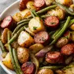 Hearty Southern Green Beans and Potatoes dish cooked with bacon and onions.