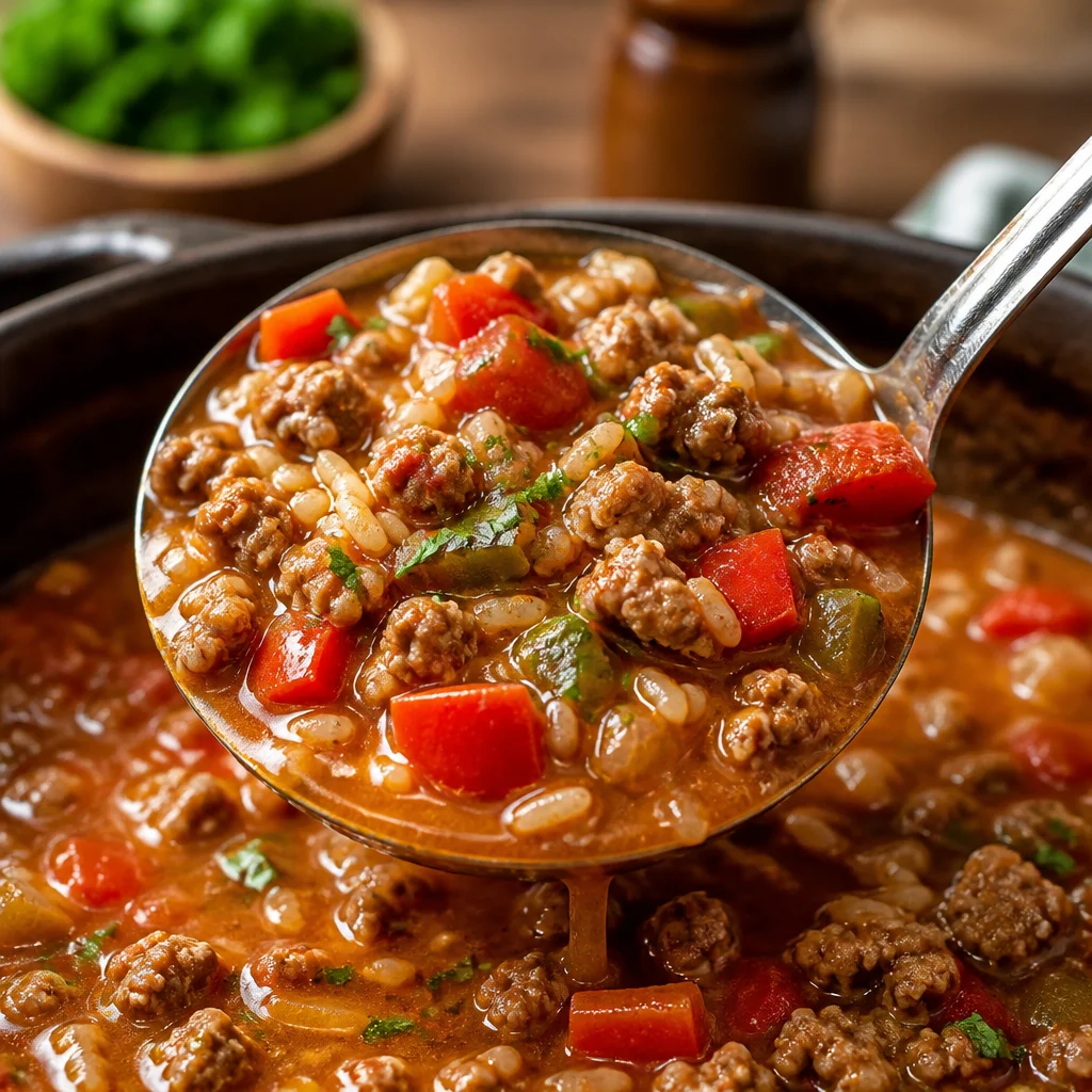 Delicious bowl of Stuffed Pepper Soup with ground beef, bell peppers, and rice.