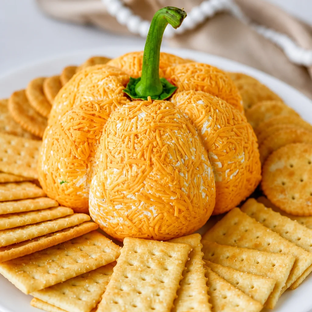 Pumpkin Shaped Cheese Ball appetizer perfect for Halloween or Thanksgiving parties.