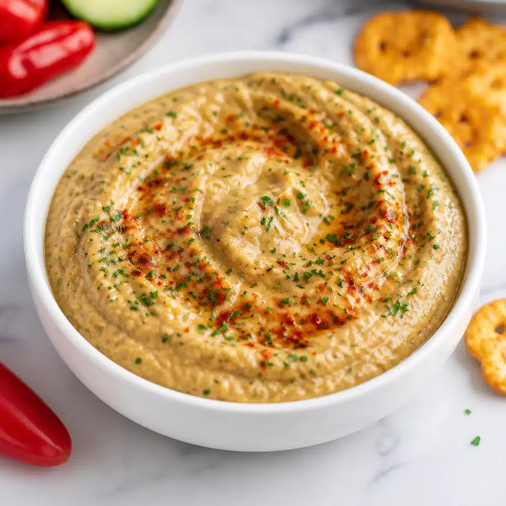 Delicious, creamy Eggplant Dip served with pita bread and fresh vegetables.
