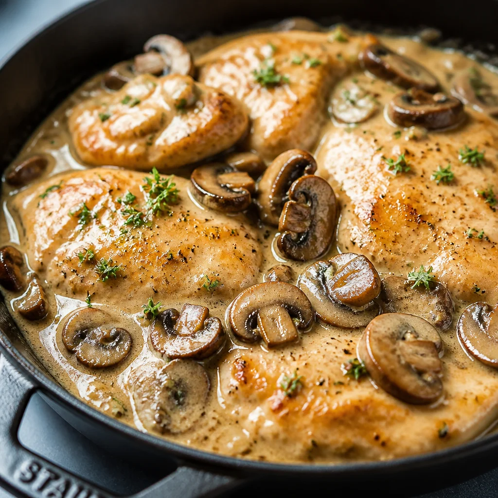Skillet Chicken and Mushroom Wine Sauce served in a creamy white wine sauce.