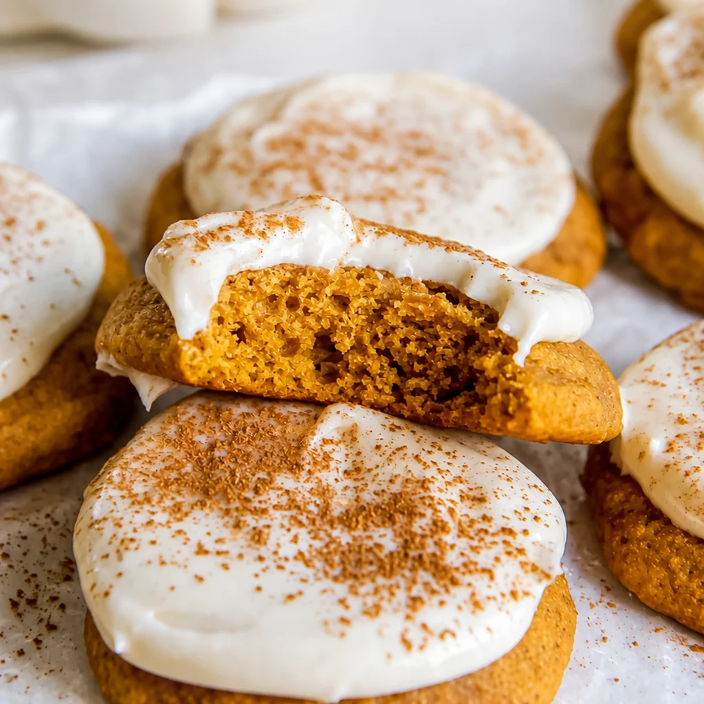 Delicious frosted pumpkin cookies topped with creamy frosting, perfect for fall baking.