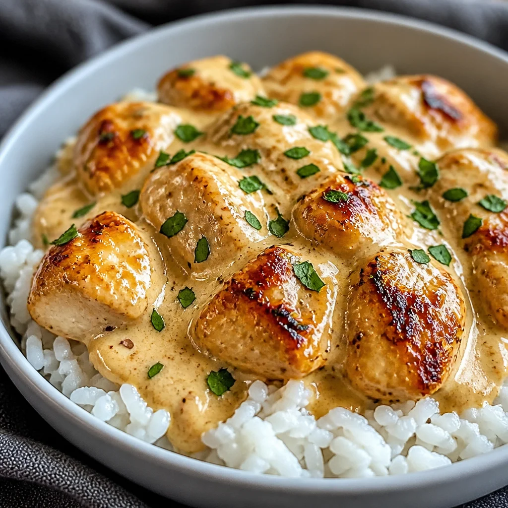 Delicious Creamy Smothered Chicken and Rice served in a skillet with a rich sauce