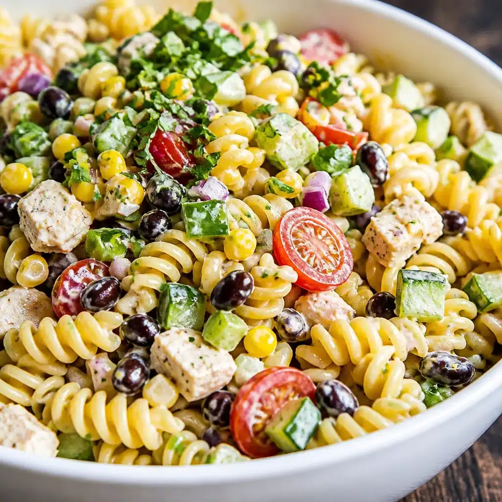 Southwest Pasta Salad with black beans, corn, and a flavorful honey cilantro lime dressing.