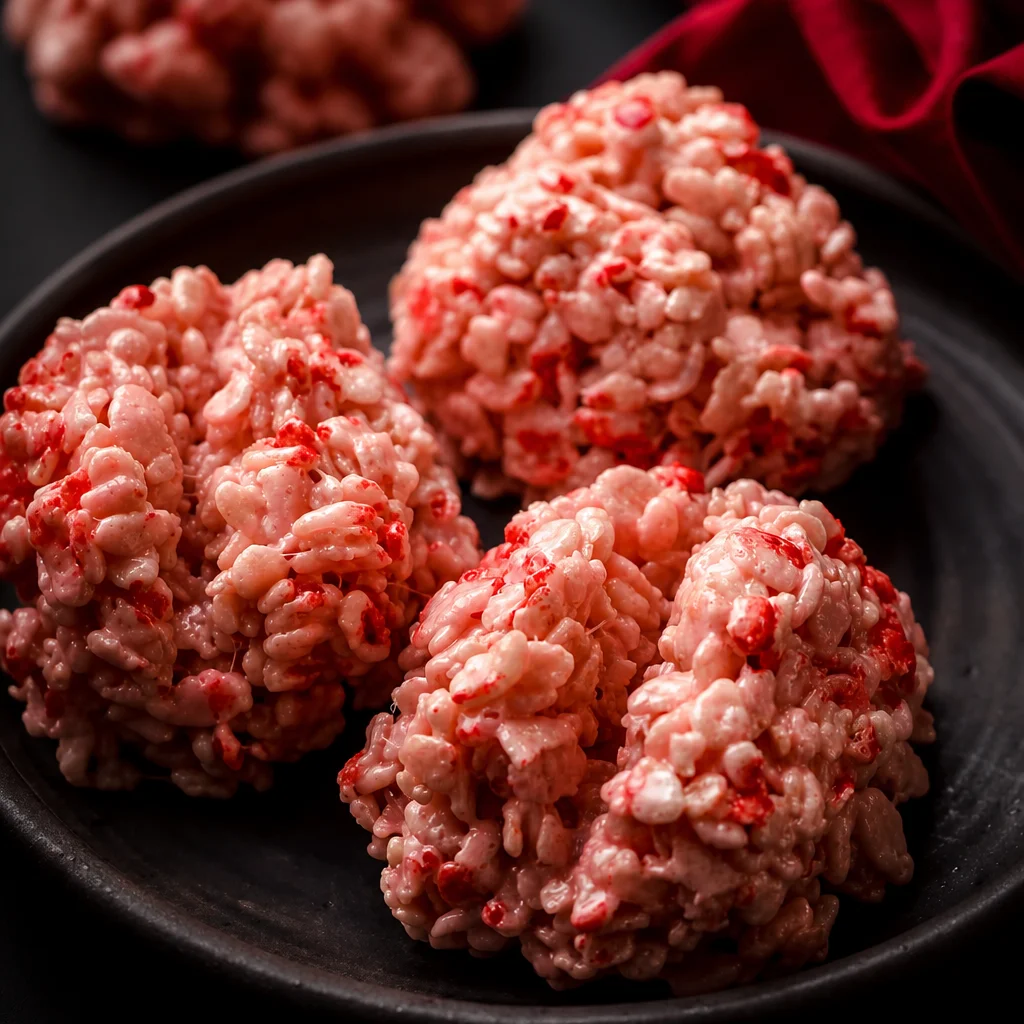 Halloween-themed Rice Krispies Brains treats made with marshmallows and food coloring.