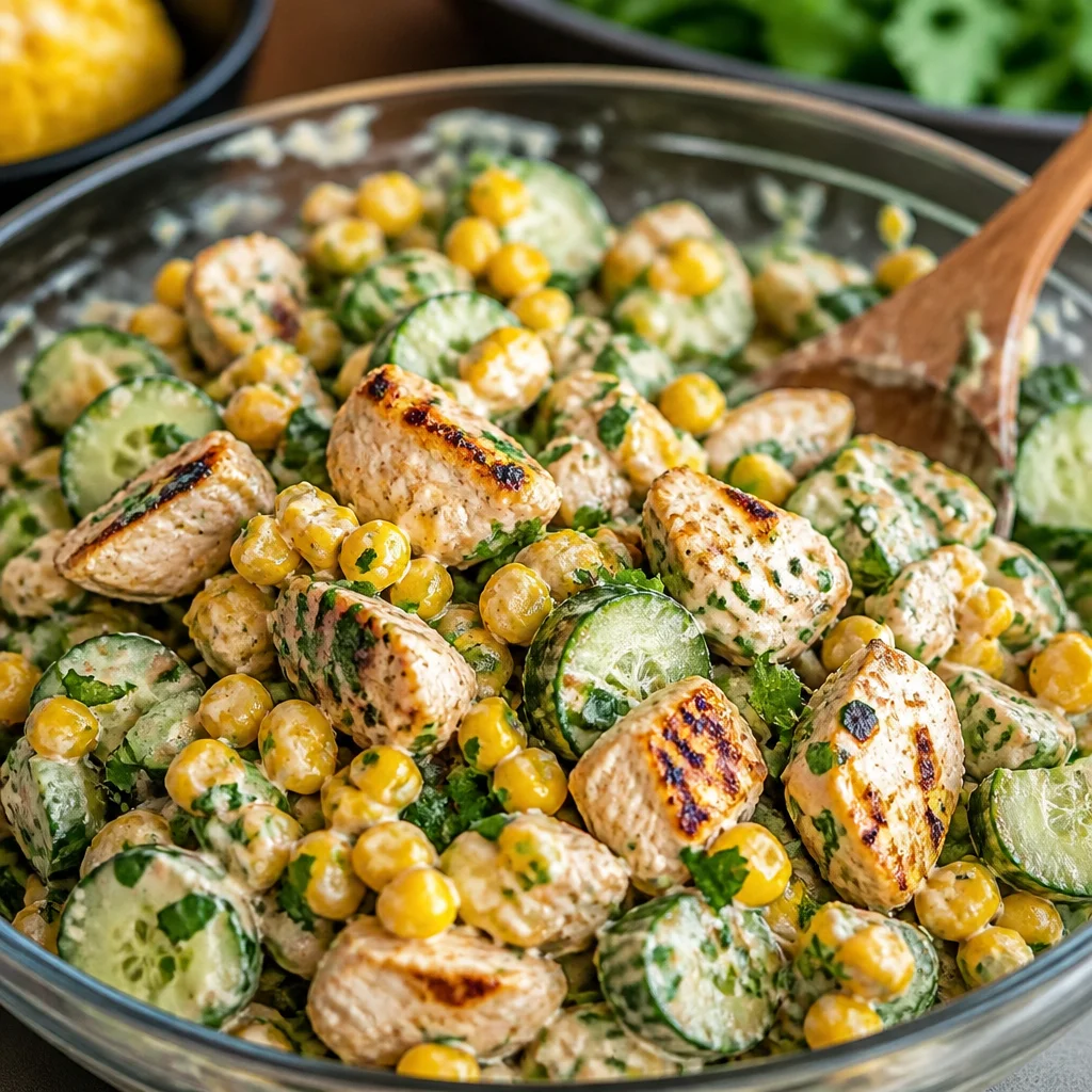 Delicious Street Corn Creamy Cucumber Chicken salad, full of flavors and textures.