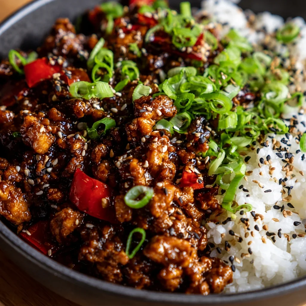 Delicious Firecracker Ground Chicken served with rice and broccoli for a quick meal.